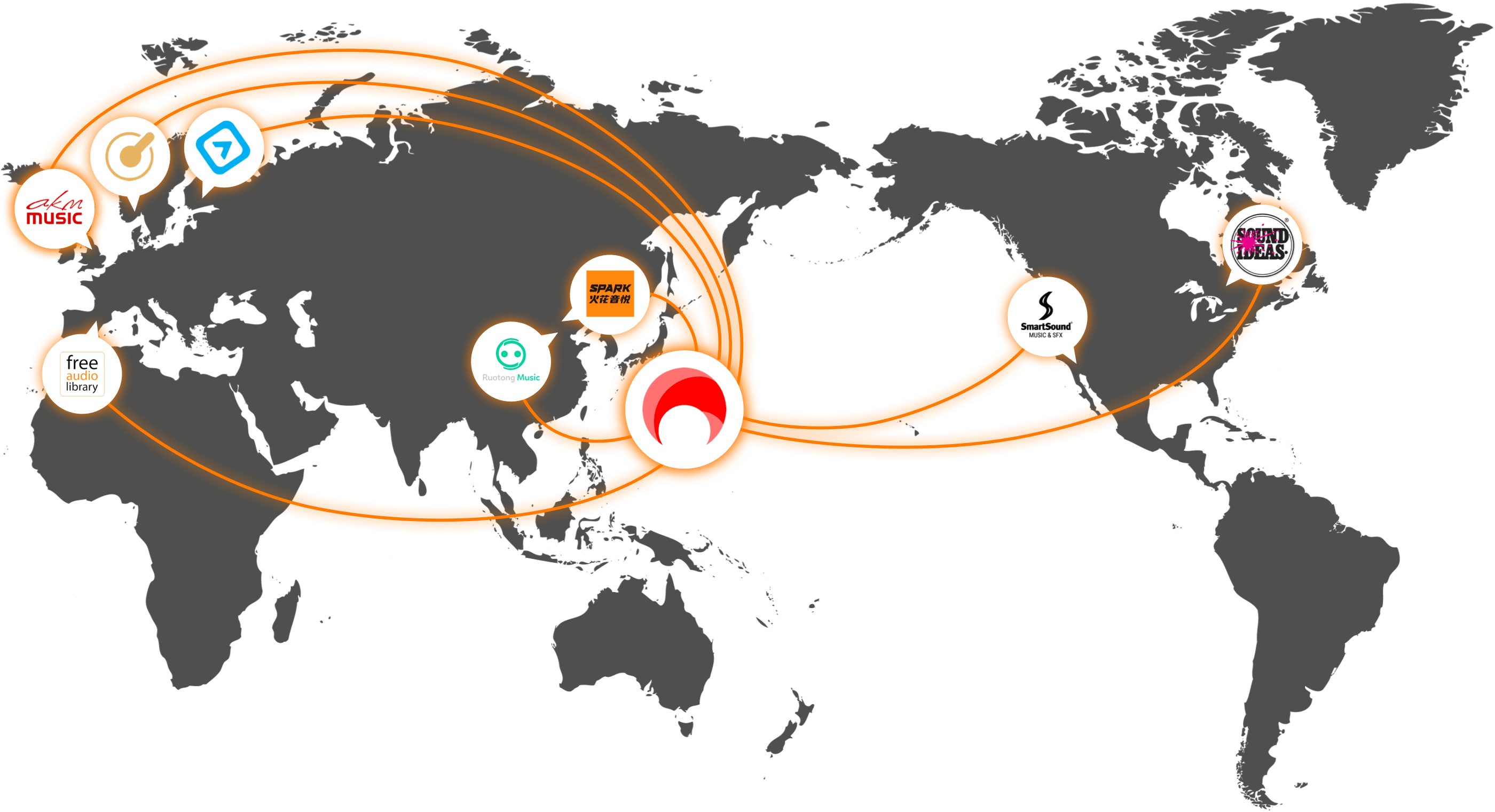 イラスト: 日本のAudiostockに世界中から音楽が集まっている世界地図
